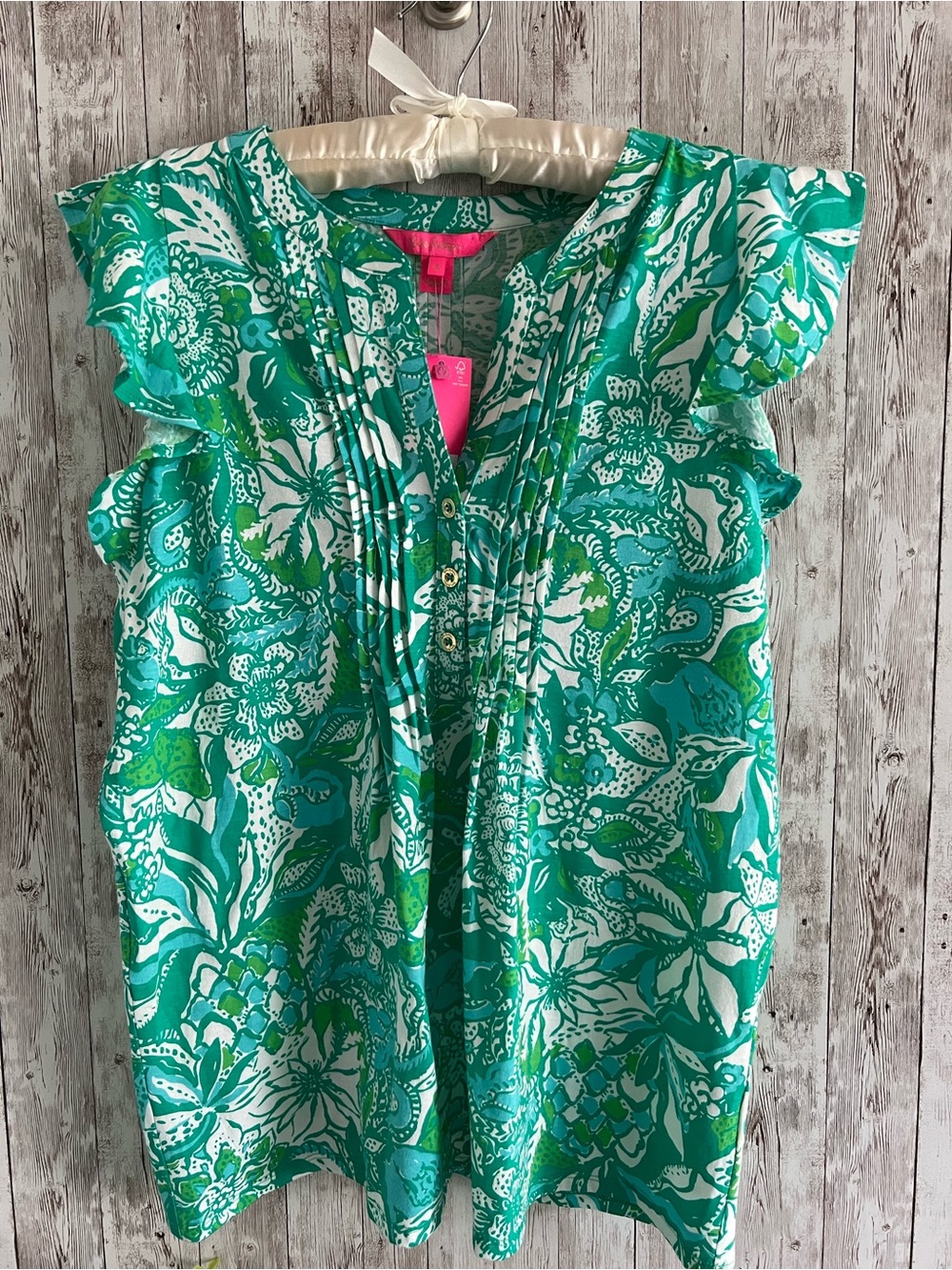 Lilly Pulitzer Golda Botanical Green Safari Sangria Pintuck Flutter Top NEW S